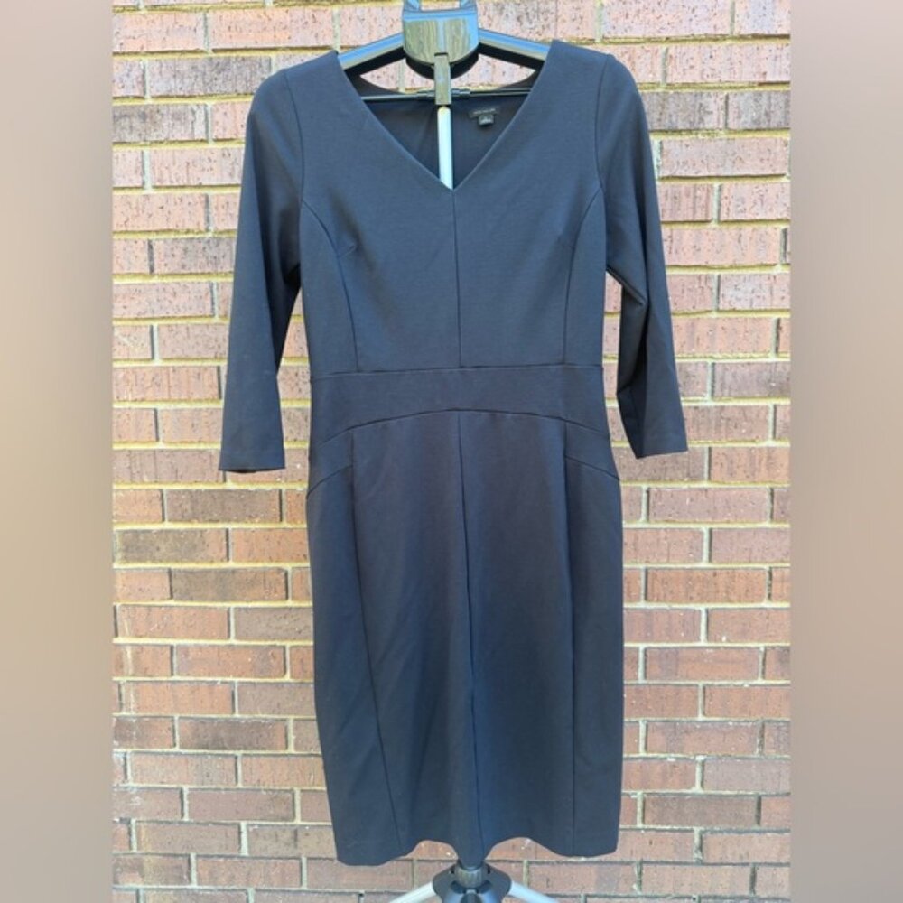 Ann Taylor Black Sheath Dress Womens Size 6 Tall V Neck 3/4 Sleeve Business EUC